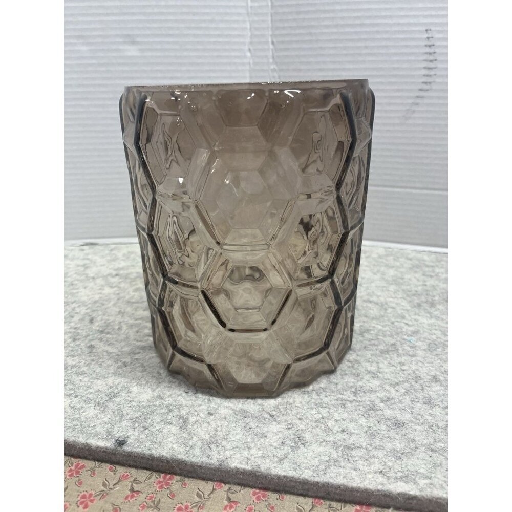Round Honeycomb Pattern Glass Vase 7" Tall Brown/Gray Hex Optic Design